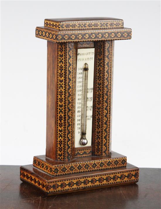 A Tunbridge ware tesserae tower thermometer Warranted Correct, 6.5in.